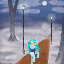 Size: 2000x2000 | Tagged: safe, artist:bjsampson, derpibooru import, oc, oc only, oc:claire de lune, bat pony, bricks, clothes, cloud, detailed background, female, fog, lamppost, moon, night, night sky, scarf, sky, snow, snowfall, solo, tongue, tongue out, tree