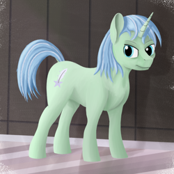 Size: 1200x1200 | Tagged: safe, artist:bjsampson, derpibooru import, oc, oc only, oc:peer review, oc:saccu, unicorn, cutie mark, disguise, disguised changeling, grumpy, male, solo, wooden floor