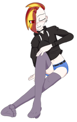 Size: 812x1280 | Tagged: safe, artist:ukedideka, derpibooru import, oc, oc only, oc:lumen afterglow, human, belly button, clothes, collar, eye clipping through hair, hoodie, humanized, humanized oc, lip piercing, piercing, shorts, simple background, sitting, snake bites, socks, solo, stocking feet, stockings, thigh highs, tongue, tongue out, transparent background