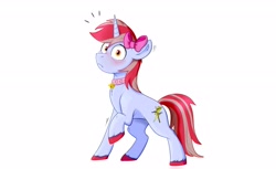 Size: 3300x2014 | Tagged: safe, artist:rutkotka, derpibooru import, oc, oc only, pony, unicorn, bell, bell collar, blushing, bow, collar, simple background, solo, white background