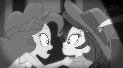 Size: 1920x1078 | Tagged: safe, derpibooru import, screencap, pinkie pie, rarity, better together, equestria girls, rarity investigates: the case of the bedazzled boot, black and white, duo, female, grayscale, monochrome