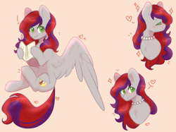 Size: 1560x1167 | Tagged: safe, artist:babiiclouds, derpibooru import, oc, oc only, oc:evening prose, pegasus, pony, book, chest fluff, female, freckles, jewelry, looking at you, mare, necklace, pearl necklace, smiling, solo, spread wings, wings