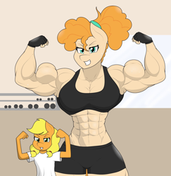 Size: 1606x1651 | Tagged: safe, artist:matchstickman, derpibooru import, applejack, pear butter, anthro, earth pony, abs, biceps, breasts, busty pear butter, clothes, dumbbell (object), duo, female, filly, filly applejack, fingerless gloves, flexing, flexing muscles, foal, gloves, grin, gritted teeth, gym, looking at you, mare, matchstickman's pear buffer series, mother and child, mother and daughter, muscles, muscular female, parent and child, pear buffer, pecs, shirt, shorts, smiling, sports bra, sports shorts, triceps, younger