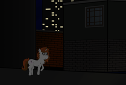 Size: 4812x3279 | Tagged: safe, artist:eminent entropy, derpibooru import, oc, oc only, oc:winter solstice, pony, unicorn, :i, alley, alleyway, blind, building, chest fluff, city, cityscape, dark, female, horn, house, mare, night, outdoors, raised hoof, raised leg, sky, solo, wall