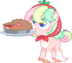 Size: 3134x2723 | Tagged: safe, artist:kurosawakuro, derpibooru import, oc, earth pony, pony, female, filly, foal, food, mouth hold, pie, simple background, solo, transparent background