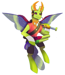 Size: 1940x2251 | Tagged: safe, artist:eternity9, derpibooru import, thorax, changedling, changeling, baseball bat, dog tags, gun, headphones, scout, shotgun, simple background, solo, spread wings, team fortress 2, transparent background, weapon, wings