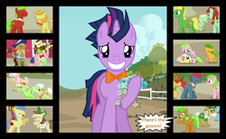 Size: 1280x790 | Tagged: safe, artist:bigsnusnu, derpibooru import, dusk shine, granny smith, twilight sparkle, earth pony, unicorn, comic:dusk shine in pursuit of happiness, apple, apple family member, banjo, bouquet, bow ties, female, filly, flower, foal, food, grin, groom, hat, implied wedding, musical instrument, nervous, nervous grin, noogie, pie, rule 63, smiling, stool, violin, yelling