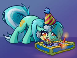 Size: 4000x3000 | Tagged: safe, artist:witchtaunter, derpibooru import, lyra heartstrings, pony, unicorn, birthday, birthday cake, cake, candle, dead eyes, derp, ear fluff, ears, eating, faic, female, food, full mouth, gradient background, hat, horses doing horse things, l.u.l.s., majestic as fuck, open mouth, party hat, solo, this will end in fire, wide eyes