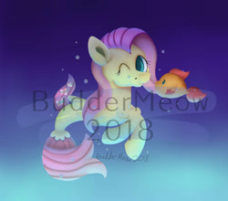 Size: 953x838 | Tagged: safe, artist:buddermeow, derpibooru import, fluttershy, fish, pegasus, pony, seapony (g4), blue background, bubble, dorsal fin, fish tail, flowing tail, green eyes, looking at you, ocean, one eye closed, pink mane, seaponified, seapony fluttershy, simple background, smiling, solo, species swap, tail, underwater, water, watermark, wink