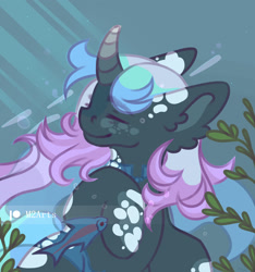 Size: 1600x1710 | Tagged: safe, artist:sam2up, derpibooru import, oc, oc only, fish, pony, unicorn, crepuscular rays, curved horn, ear fluff, ears, eyes closed, flowing mane, horn, ocean, seaweed, signature, smiling, solo, swimming, underwater, water