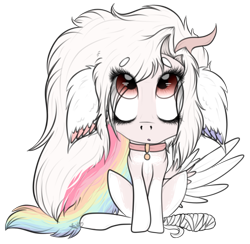 Size: 1633x1595 | Tagged: safe, artist:beamybutt, derpibooru import, oc, oc only, pegasus, pony, bandage, collar, ear fluff, ears, eyelashes, female, floppy ears, looking up, mare, multicolored hair, pegasus oc, rainbow hair, simple background, transparent background, wings