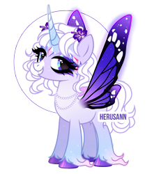 Size: 2200x2526 | Tagged: safe, artist:herusann, derpibooru import, oc, oc only, pony, base used, butterfly wings, eyelashes, female, flower, flower in hair, grin, hoof polish, horn, jewelry, makeup, mare, necklace, simple background, smiling, solo, transparent background, wings