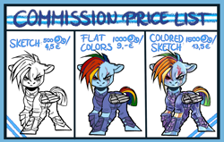 Size: 2366x1507 | Tagged: safe, artist:schokocream, derpibooru import, rainbow dash, pegasus, pony, advertisement, alternate timeline, apocalypse dash, armor, commission info, crystal war timeline, eye scar, female, mare, scar