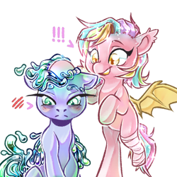 Size: 1984x1984 | Tagged: safe, artist:schokocream, derpibooru import, oc, oc only, oc:paper stars, bat pony, pony, bandage, bat pony oc, bat wings, blushing, duo, ethereal mane, female, mare, petting, simple background, starry mane, white background, wings