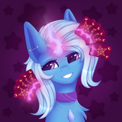 Size: 1280x1280 | Tagged: safe, artist:artsyplanetz, derpibooru import, trixie, pony, unicorn, card, female, glowing, glowing horn, grin, horn, levitation, magic, mare, smiling, solo, telekinesis