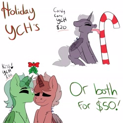 Size: 2048x2046 | Tagged: safe, artist:bluemoon, derpibooru import, oc, pony, candy, candy cane, christmas, commission, food, hearth's warming, holiday, holly, holly mistaken for mistletoe, kissing, solo, tongue, tongue out, tongue stuck to pole, ych example, your character here