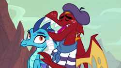 Size: 1280x720 | Tagged: safe, artist:sonofaskywalker, derpibooru import, edit, edited screencap, screencap, garble, princess ember, dragon, sweet and smoky, triple threat, beret, clothes, cute, dragoness, emberbetes, emble, eyes closed, female, hat, male, scarf, shipping, shirt, sitting, smiling, straight, striped shirt, vector