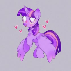 Size: 1024x1024 | Tagged: safe, artist:bug-roux, derpibooru import, twilight sparkle, twilight sparkle (alicorn), alicorn, pony, female, flying, heart, open mouth, open smile, simple background, smiling, solo, white pupils