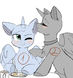 Size: 3000x3200 | Tagged: safe, artist:thieftea, derpibooru import, oc, alicorn, earth pony, pegasus, pony, unicorn, auction open, coffee cup, collar, commission, cup, duo, food, fork, fried egg, kissing, one eye closed, simple background, smiley face, smiling, white background, wink, your character here, your character here auction