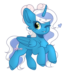 Size: 874x915 | Tagged: safe, artist:imptiime, derpibooru import, oc, oc:fleurbelle, alicorn, alicorn oc, bow, cute, female, golden eyes, hair bow, heart, horn, mare, one eye closed, simple background, transparent background, wingding eyes, wings, wink