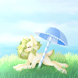 Size: 1280x1280 | Tagged: safe, artist:artsyplanetz, derpibooru import, oc, oc only, earth pony, pony, blushing, eyes closed, female, flower, flower in hair, lying down, parasol (umbrella), solo, umbrella