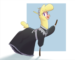 Size: 2083x1688 | Tagged: safe, artist:hitsuji, derpibooru import, paprika paca, alpaca, them's fightin' herds, clothes, cloven hooves, maid, open mouth, open smile, simple background, smiling, solo, waving