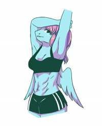 Size: 2204x2755 | Tagged: safe, artist:livzkat, derpibooru import, oc, oc only, oc:dipper, anthro, pegasus, abs, clothes, female, muscles, shorts, simple background, solo, sports bra, sports shorts, stretching, sweat, white background