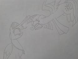 Size: 2592x1944 | Tagged: safe, artist:princebluemoon3, derpibooru import, rainbow dash, twilight sparkle, twilight sparkle (alicorn), alicorn, pegasus, pony, 2 4 6 greaaat, angry, coach rainbow dash, glaring daggers, hat, nervous, sketch, this will not end well, traditional art