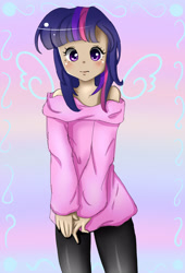 Size: 1700x2500 | Tagged: safe, artist:markianatc, derpibooru import, twilight sparkle, human, bare shoulders, blushing, clothes, female, humanized, solo