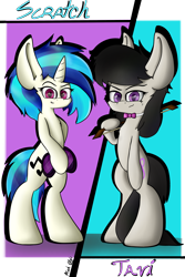 Size: 3000x4500 | Tagged: safe, artist:machstyle, derpibooru import, dj pon-3, octavia melody, vinyl scratch, earth pony, unicorn, big ears, bipedal, duo, duo female, ears, female, high res, looking at you, poofy mane, simple background, smiling, smiling at you, standing