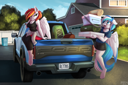 Size: 4000x2667 | Tagged: safe, artist:lightly-san, derpibooru import, oc, oc only, oc:diamond sun, oc:hawker hurricane, anthro, pegasus, unguligrade anthro, breasts, car, cleavage, clothes, female, ford, ford f-150, ford raptor, house, male, mare, one eye closed, pickup truck, stallion, wings