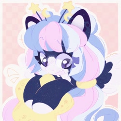 Size: 1500x1500 | Tagged: safe, artist:tsarstvo, derpibooru import, oc, oc only, pegasus, pony, abstract background, female, looking away, mare, plushie, solo, star plushie, stars