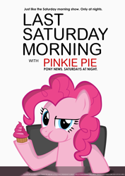 Size: 3307x4677 | Tagged: safe, artist:mrkat7214, derpibooru import, pinkie pie, earth pony, pony, chair, cupcake, eating, female, food, high res, irony, last saturday morning with pinkie pie, last week tonight with john oliver, mare, morning, parody, pony news, poster, saturday, smiling, smirk, solo, table, vector