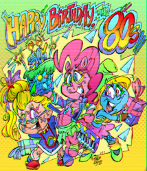 Size: 2484x2896 | Tagged: safe, artist:grotezco, artist:tokiotoyy2k, derpibooru import, pinkie pie, earth pony, human, pony, 80's fashion, 80s, bipeds, candle, cartoon, flares, food, glasses, glitch effect, happy birthday, joy, makeup, party, pie, pinkish, pose, present, rainbow brite, smurfette, spoilers for another series, style, video