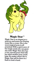 Size: 550x1000 | Tagged: safe, derpibooru import, magic star, earth pony, pony, g1, adorablestar, bow, cute, female, g1 backstory, mare, my little pony fact file, official, official art, open mouth, open smile, smiling, solo, tail, tail bow