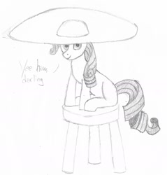 Size: 1454x1523 | Tagged: safe, artist:etymologically correct filly, rarity, pony, unicorn, comically large hat, darling, dialogue, female, hat, looking at you, monochrome, sitting, solo, stool, traditional art