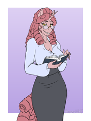 Size: 2400x3200 | Tagged: safe, artist:hasana-chan, oc, oc only, oc:candlewick, anthro, unguligrade anthro, unicorn, anthro oc, blouse, book, breasts, cleavage, clothes, commission, digital art, drill hair, female, freckles, gift art, glasses, gradient background, horn, librarian, looking at you, mare, shirt, skirt, smiling, smiling at you, tube skirt, unicorn oc