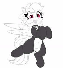 Size: 2724x3074 | Tagged: safe, artist:pabbley, derpibooru import, rainbow dash, pegasus, pony, animal costume, bell, bell collar, belly button, black and white, cat costume, cat ears, catsuit, clothes, collar, costume, cute, cute little fangs, dashabetes, ear fluff, ears, fangs, female, floppy ears, grayscale, looking at you, mare, monochrome, neo noir, open mouth, open smile, outfit, partial color, simple background, smiling, solo, spread wings, white background