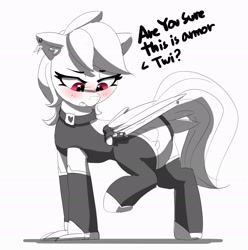 Size: 2244x2264 | Tagged: safe, artist:pabbley, derpibooru import, rainbow dash, pegasus, pony, armor, black and white, blushing, collar, ear fluff, ear piercing, earring, ears, embarrassed, female, floppy ears, grayscale, hoof shoes, hoofclaw, implied twilight sparkle, jewelry, looking down, mare, monochrome, neo noir, open mouth, outfit, partial color, piercing, question, raised tail, simple background, solo, weapon, white background, wingblade