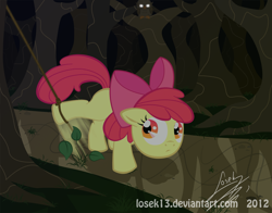 Size: 1300x1021 | Tagged: safe, artist:losek13, derpibooru import, apple bloom, bird, earth pony, owl, pony, female, filly, foal, forest, leaves, solo, trap (device)