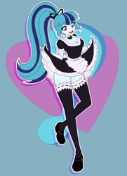 Size: 2970x4096 | Tagged: safe, artist:rileyav, derpibooru import, sonata dusk, equestria girls, bowtie, choker, clothes, looking at you, maid, open mouth, skirt, skirt lift, smiling, socks, solo, stockings, thigh highs, zettai ryouiki