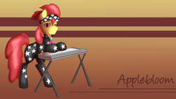 Size: 1920x1080 | Tagged: safe, artist:ookamithewolf1, derpibooru import, apple bloom, earth pony, pony, clothes, female, filly, foal, keyboard, show stopper outfits, solo, wallpaper