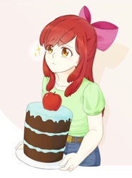 Size: 1000x1348 | Tagged: safe, artist:ruby_redheart_, derpibooru import, apple bloom, human, friendship is magic, apple, cake, food, humanized, scene interpretation, solo, sparkles