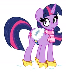 Size: 1789x1962 | Tagged: safe, artist:kindakismet, derpibooru import, twilight sparkle, unicorn twilight, pony, unicorn, winter wrap up, boots, clothes, december, looking at you, saddle, scarf, shoes, simple background, smiling, snow, tack, white background