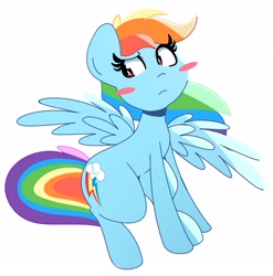 Size: 2449x2474 | Tagged: safe, artist:kindakismet, derpibooru import, rainbow dash, pegasus, pony, backwards cutie mark, blush sticker, blushing, cute, dashabetes, frown, simple background, solo, spread wings, white background, wings