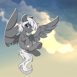 Size: 3000x3000 | Tagged: safe, artist:zahsart, derpibooru import, oc, oc only, oc:silver bullet, pegasus, pony, cloud, flying, looking at you, smiling, solo, spread wings, underhoof, wings