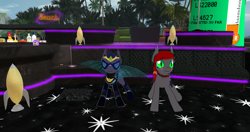 Size: 1920x1017 | Tagged: safe, derpibooru import, screencap, oc, oc:icarus the lunar guard, bat pony, armor, bat wings, clothes, collar, costume, dancing, female, male, mare, second life, shadowbolts costume, slit eyes, stallion, wings