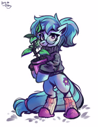 Size: 2316x3000 | Tagged: safe, artist:amy-gamy, derpibooru import, oc, oc only, oc:whispy slippers, earth pony, pony, bipedal, clothes, female, glasses, looking at you, mare, potted plant, simple background, slippers, socks, solo, sweater, tree, white background