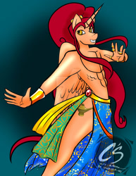 Size: 1024x1326 | Tagged: safe, alternate version, artist:adhiguna, artist:johnathon-matthews, derpibooru import, oc, oc:khunis jirall, alicorn, anthro, genie pony, human, belly dancer, belly dancer outfit, birthday gift, deviantart watermark, genie, grin, humanized, obtrusive watermark, smiling, watermark