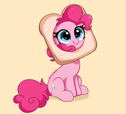 Size: 4854x4403 | Tagged: safe, artist:kittyrosie, derpibooru import, pinkie pie, earth pony, pony, absurd resolution, behaving like a cat, blushing, bread, cat breading, cute, diapinkes, female, food, mare, sitting, smiling, solo, weapons-grade cute, wide eyes